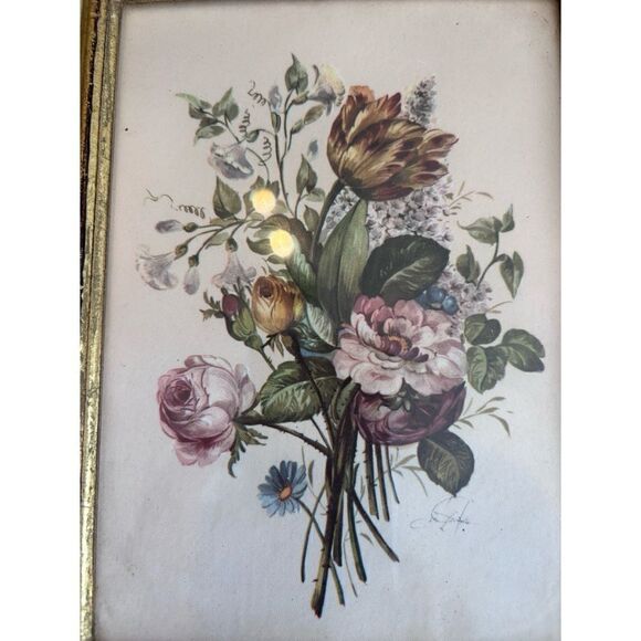 Vintage Italian Silk Flemish School Flowers Frame Art / Set of 2 - Picture 7 of 11